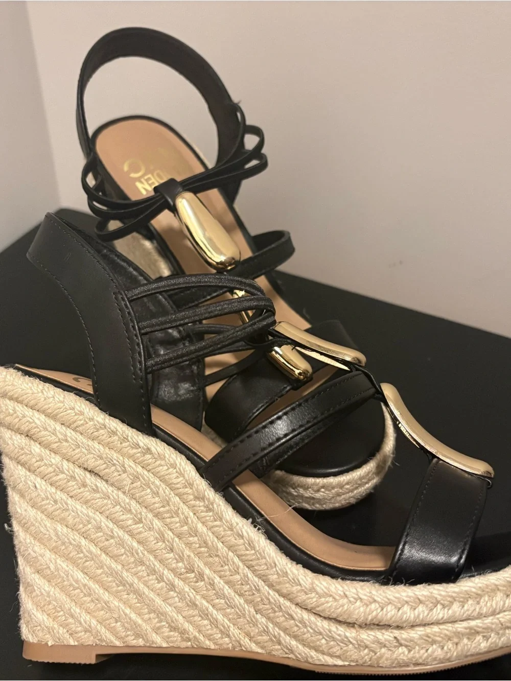 NYC Madden Black Wedge Sandals with Gold Accents - Women